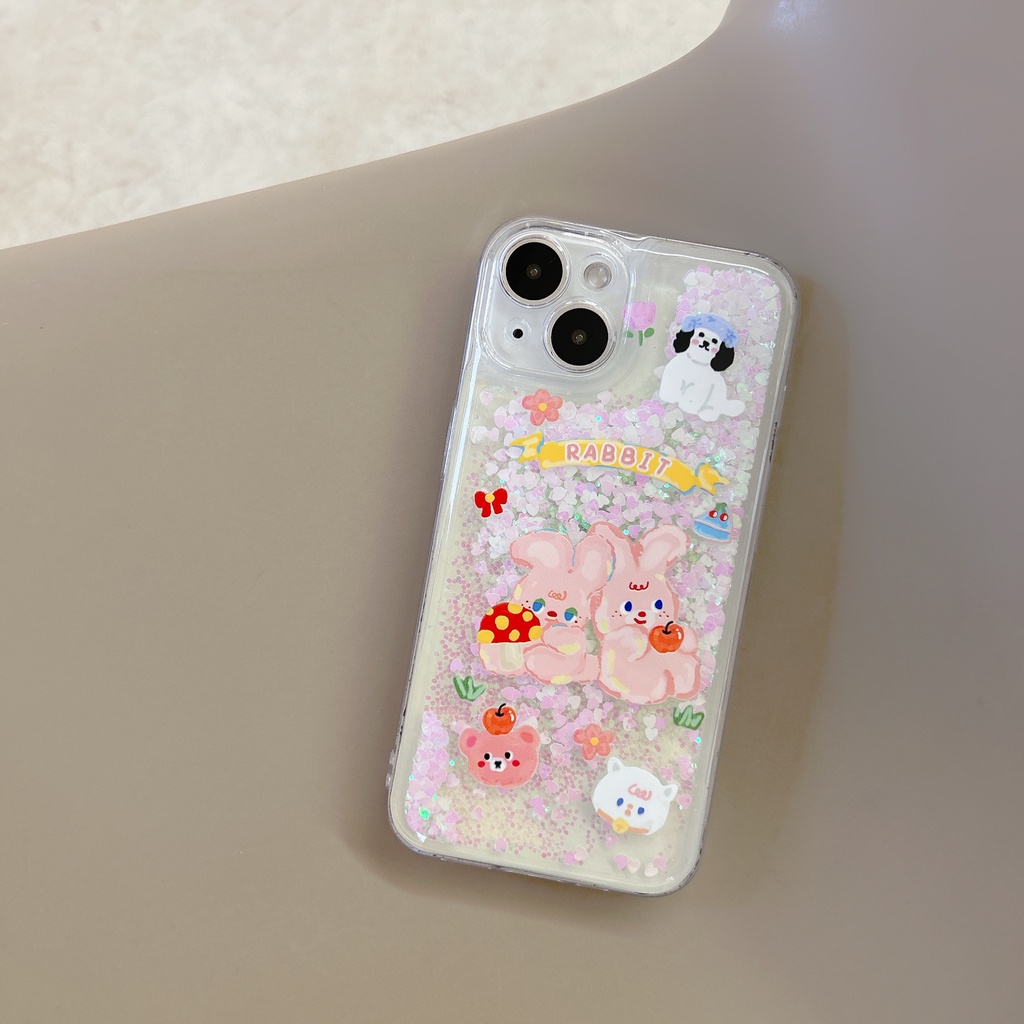 Ốp Điện Thoại PC Cứng Họa Tiết Thỏ Hoạt Hình Phối Cát Lún Lấp Lánh Chống Sốc Cho iPhone11 12 13 14 Pro Max