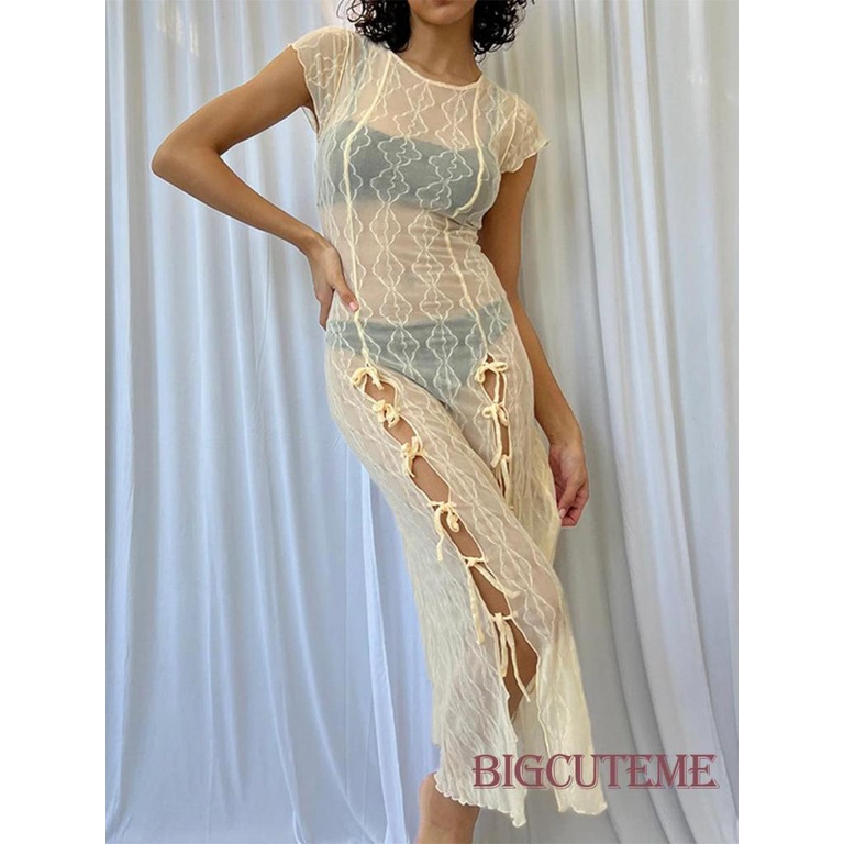 Đầm Midi Tay Ngắn Cổ Tròn Thiết Kế Xẻ Tà Thời Trang Mùa Hè Xinh Xắn Cho Nữ