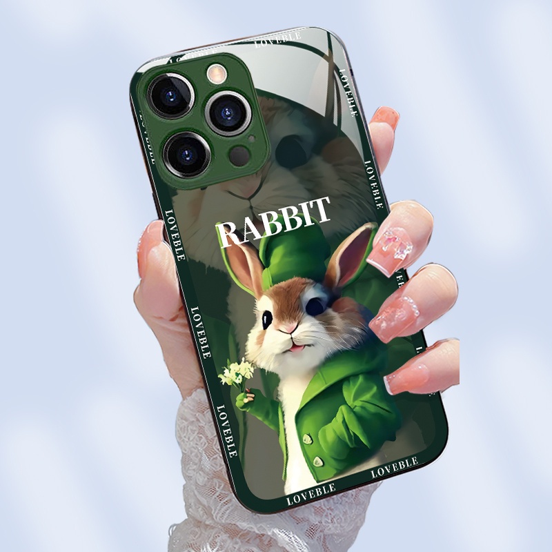 Ốp Điện Thoại Kính Cường Lực Hình Thỏ 3D áo xanh 7plus/8/8plus/x/xr/xs/11/12/13/14/pro/max/plus/promax K3