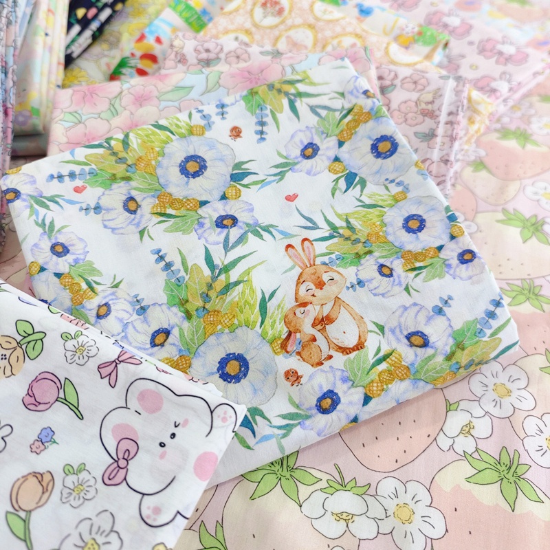 Tấm Vải 100% Cotton Rộng 145cm Họa Tiết Thỏ Vintage