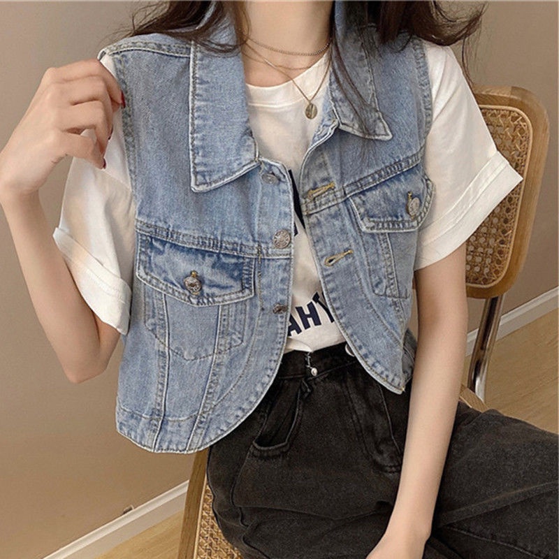 Áo Denim Không Tay Lưng Cao Thời Trang Mùa Hè Dành Cho Nữ