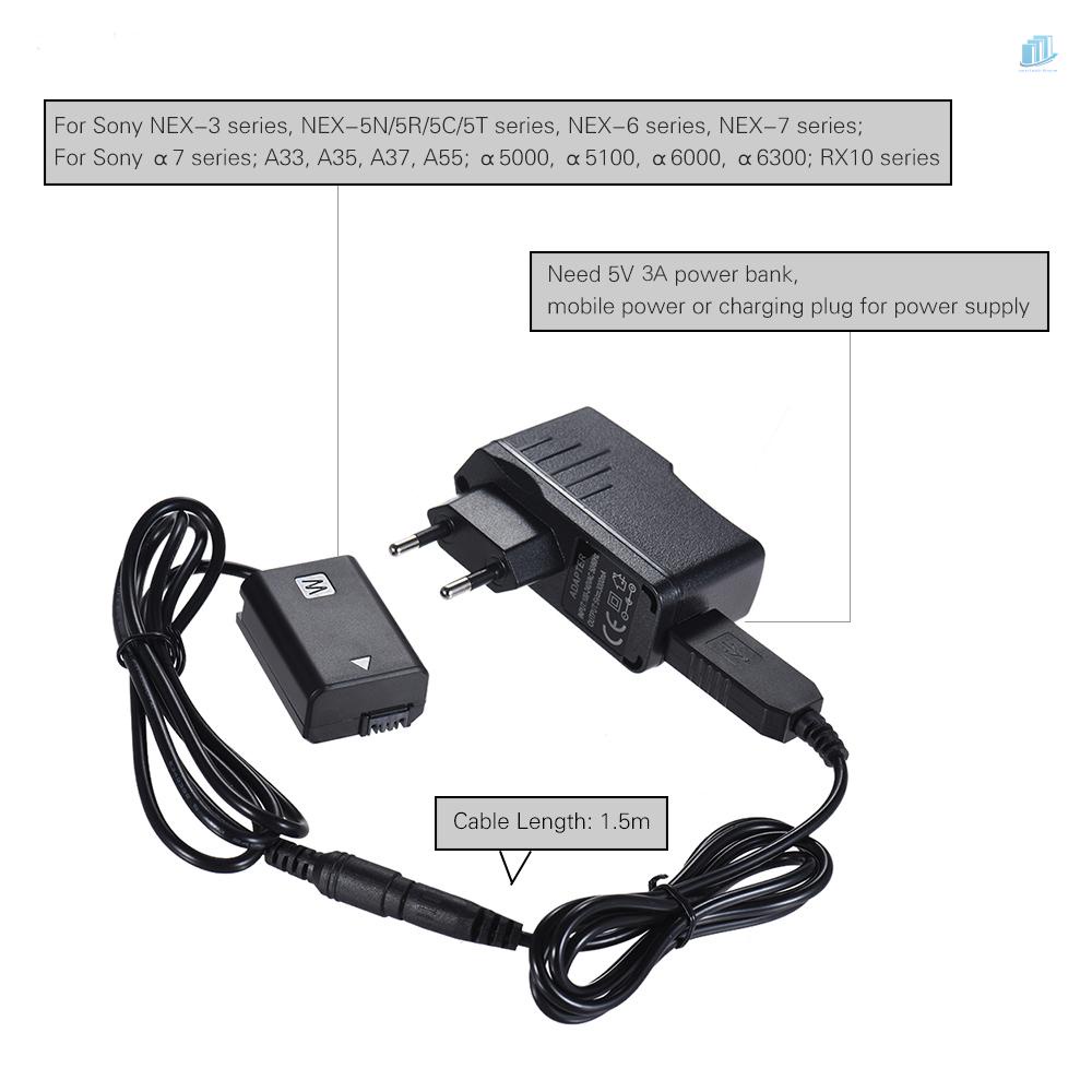 Dây Cáp Nguồn Andoer NP-FW50 + Pin 5V 3A USB Phích Cắm AC-PW20 Cho NEX-3 / 5 / 6 / 7 Series A33 A37 A35 A55 a7 a7R a7II A6000 A6300