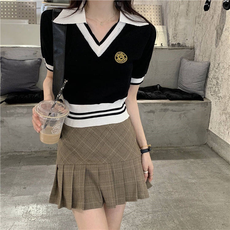 IELGY  Áo Thun Ngắn Tay Cổ Chữ V Màu Sắc Thời Trang Cho Nữ