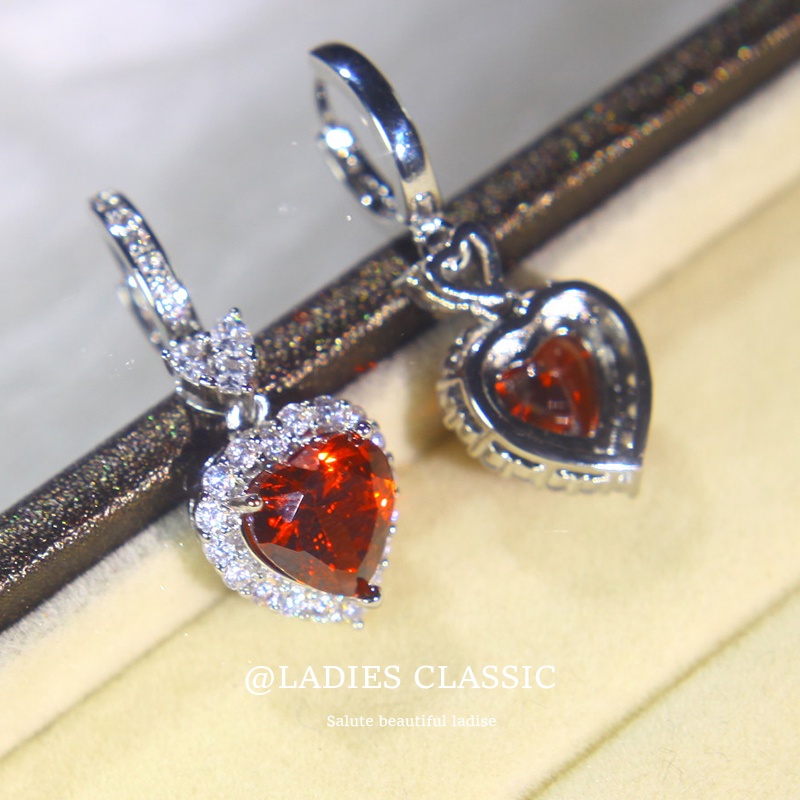 Bộ Dây Chuyền + Bông Tai Hình Trái Tim Đính Đá Sapphire Xanh Đỏ Thời Trang Cho Nữ