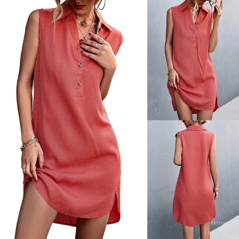 Đầm Không Tay Cổ Chữ V Cài Nút Trước Thời Trang Dành Cho Nữ