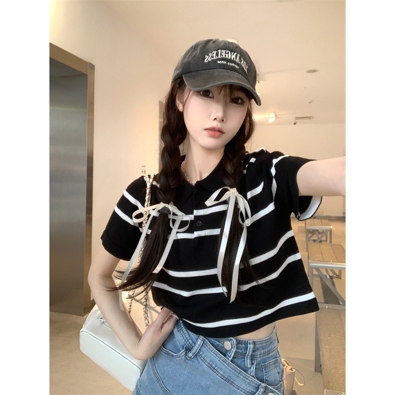 Áo polo Dệt Kim Ngắn Tay Ôm Dáng Họa Tiết Kẻ Sọc Màu Tương Phản Đơn Giản Cho Nữ