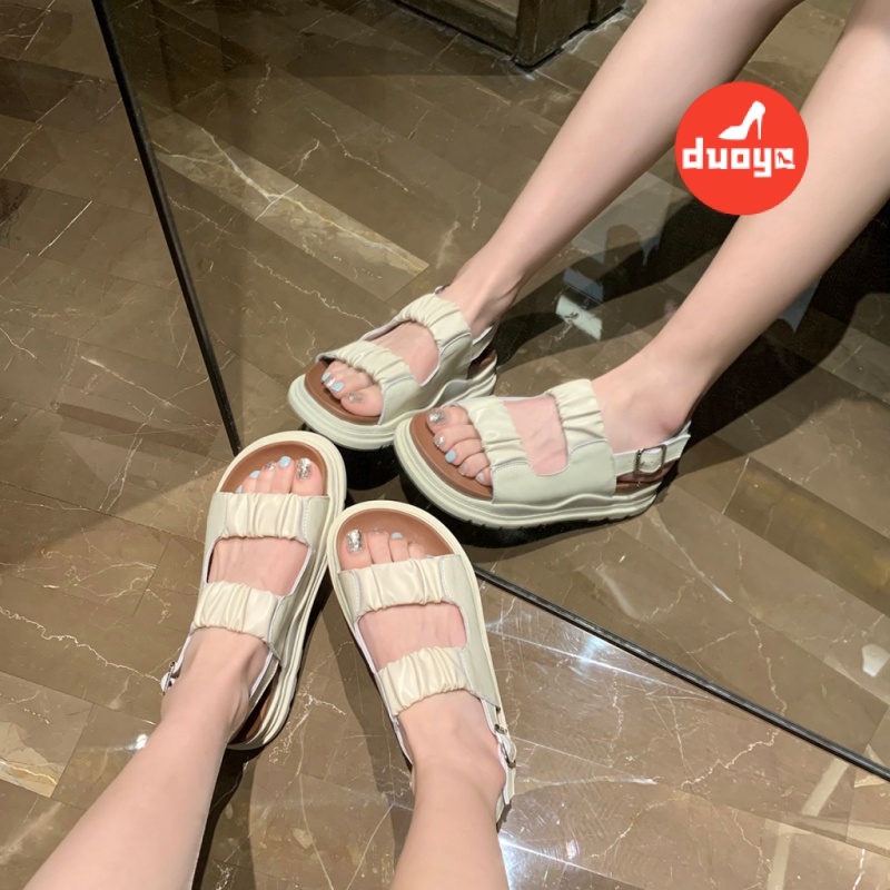 Duoya Tóc Thẳng ~ [Hàng Có Sẵn] Giày Sandal Thể Thao Đế Phẳng Dày Dây Xếp Ly Cài Khóa Phẳng Phong Cách Giản Dị