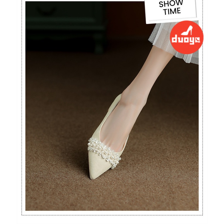 Duoya Tóc Thẳng ~ [Hàng Có Sẵn] Giày Búp Bê Mũi Nhọn Gót Thấp Dày Dặn Đính Ngọc Trai Thanh Lịch Cho Nữ Miễn Phí Vận Chuyển