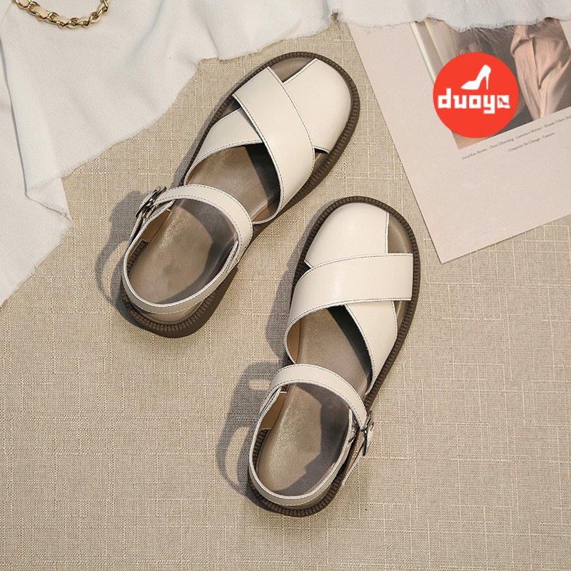 Duoya Tóc Thẳng ~ [Hàng Có Sẵn] Giày Sandal Da Mềm Mại Thời Trang Mùa Hè Dễ Phối Đồ Cho Nữ
