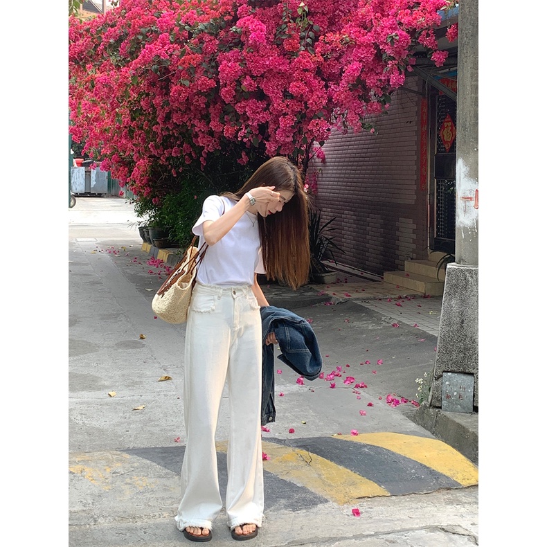 Quần jean SUXI ống rộng lưng cao viền tua rua thời trang mùa xuân cho nữ