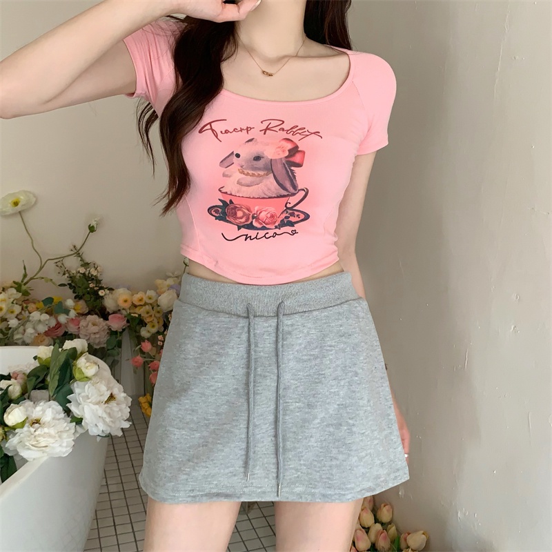 Áo Thun Croptop Ngắn Tay In Họa Tiết Thỏ Và Ly Trà Sữa Ngọt Ngào Dễ Thương Cho Nữ