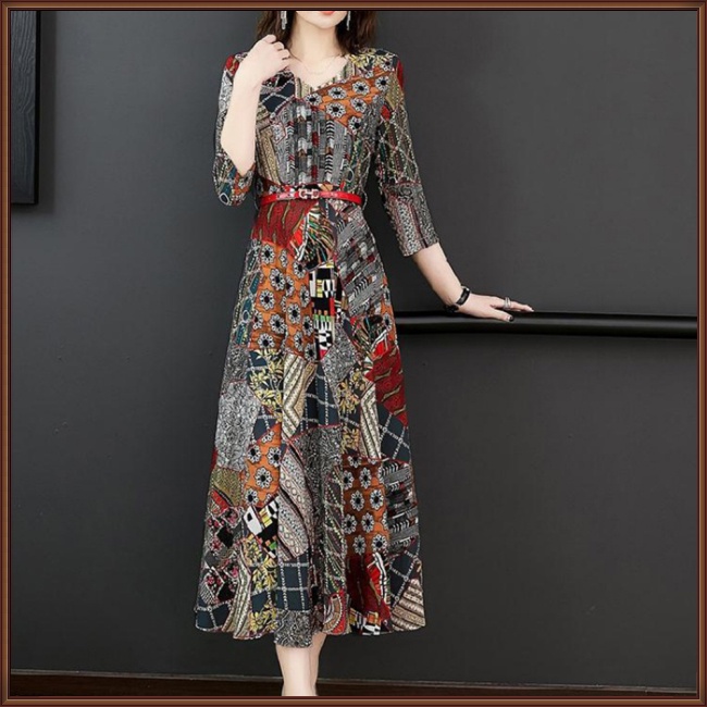 Đầm Midi Thắt Eo In Họa Tiết Thời Trang Xuân Hè Cho Nữ