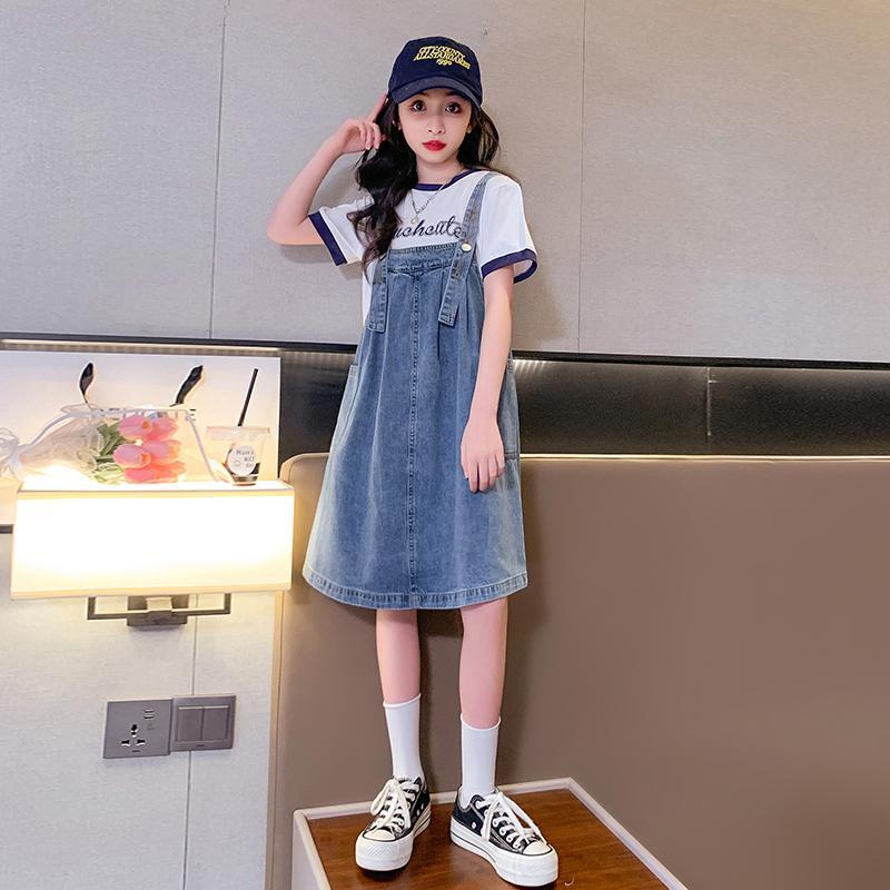 Set Áo Thun Cotton + Váy Yếm Denim Thời Trang Hè 2023 Cho Bé Gái 5-6 - 7-8 - 9-10 - 12-13 - 14-15 Tuổi