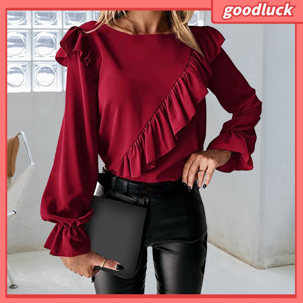 Áo Thun Tay Dài Cổ Tròn Phối Bèo Màu Sắc Trơn Phong Cách Đường Phố Thời Trang Mùa Thu Cho Nữ