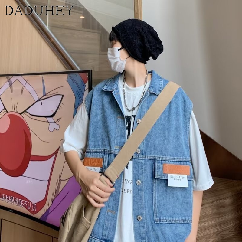 DaDuHey Men's and Women's Hong Kong Style Retro Casual Denim Jacket Vest 2023 All-Match Stitching Sleeveless Jacket