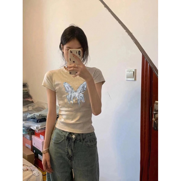 Áo Thun Tay Ngắn In Hình Bướm Phong Cách Mỹ Thời Trang Mùa Hè 2023 Mới Cho Nữ