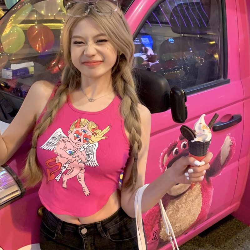 Áo Hai Dây Dáng Ôm In Họa Tiết Thần Tình Yêu Phong Cách retro Mỹ Thời Trang Quyến Rũ Cho Nữ