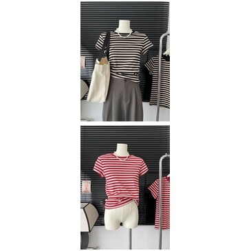 Áo Thun Cotton Ngắn Tay Họa Tiết Kẻ Sọc Màu Trơn Mẫu Mới 2023 Thời Trang Mùa Hè Cho Nữ