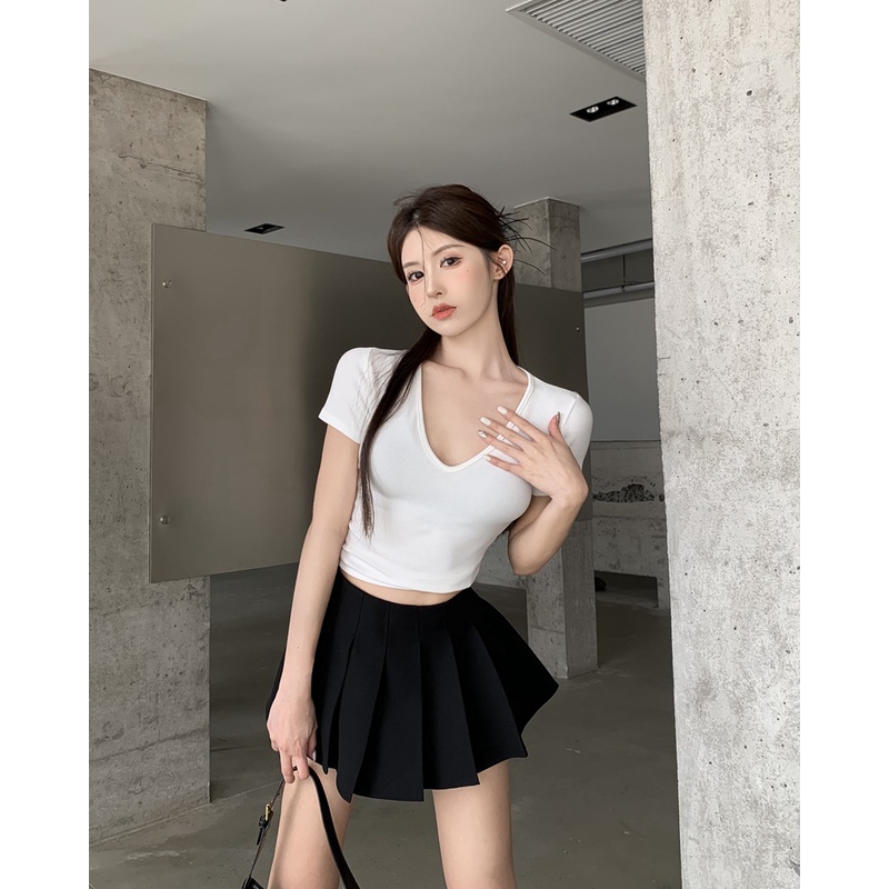 Áo Thun cotton Ngắn Tay Cổ Chữ V Ôm Dáng Gợi Cảm Cho Nữ