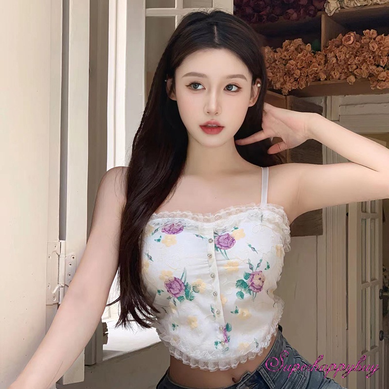 Áo Croptop Sát Nách Họa Tiết Hoa Hồng Phong Cách Retro Cho Nữ