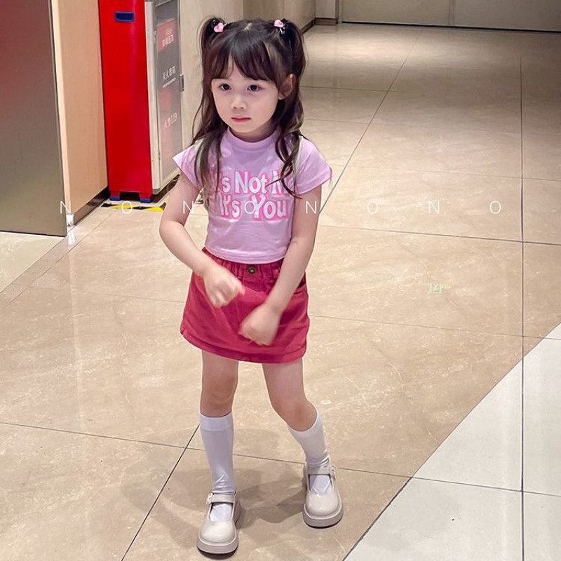 Bộ Áo Thun Cotton Ngắn Tay Màu Sắc Tương Phản Kèm Chân Váy Phong Cách Hàn Quốc Cho Bé Gái