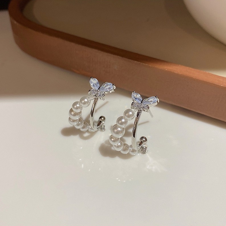 Bông Tai Mạ Bạc 925 Hình Bướm Đính Ngọc Trai Sang Trọng Thời Trang 2023