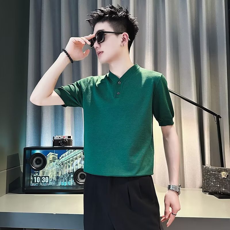 Áo Thun Polo Dệt Kim Tay Ngắn Cổ Chữ V Thời Trang Mùa Hè Hàng Mới 2023 Dành Cho Bạn Nam