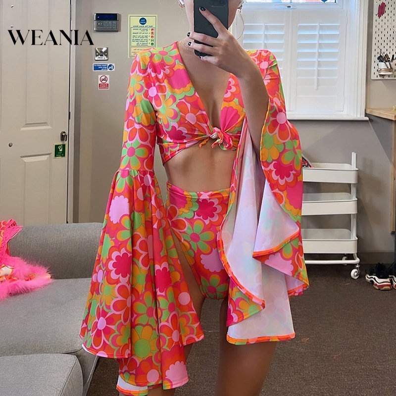 Bộ Bikini Hai Mảnh Lưng Cao Ống Loe In Hoa Phong Cách Retro Cho Nữ