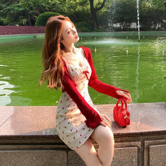 Đầm Hai Dây Mỏng Họa Tiết Hoa Anh Đào Dễ Thương Phong Cách Mùa Hè Nóng Bỏng Cho Nữ