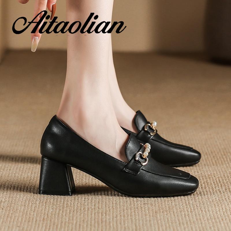 Giày Cao Gót 6cm Da Thật Mũi Vuông Phong Cách retro Anh Quốc Cho Nữ Mềm