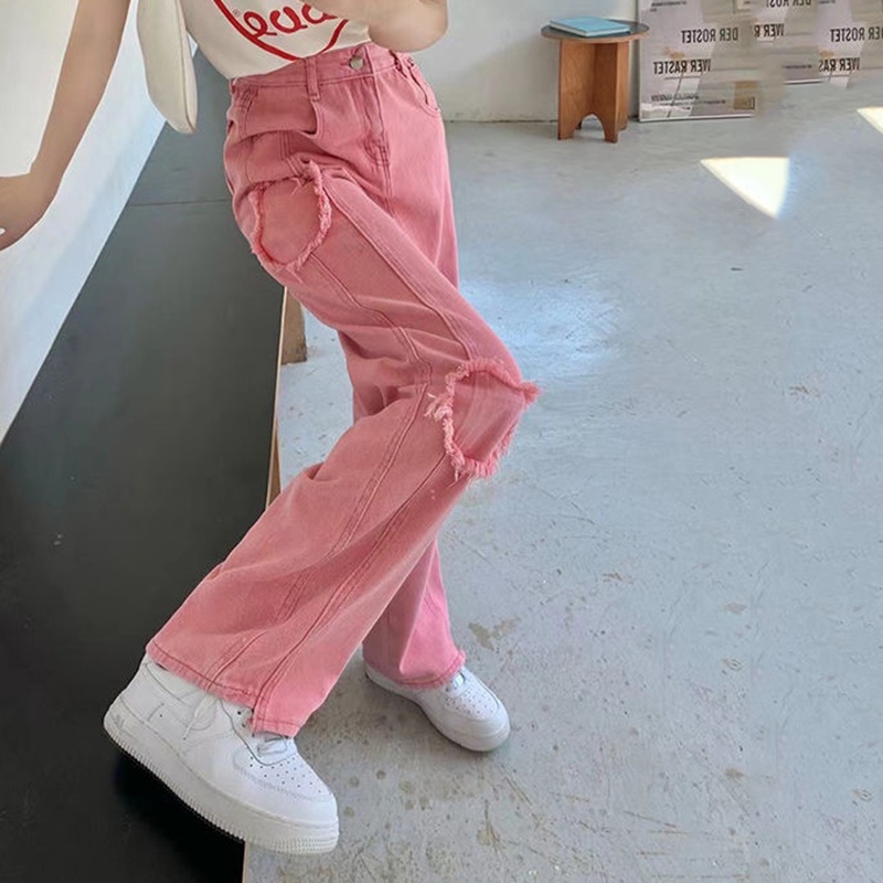 IELGY      Quần Jean Dài Lưng Cao Dáng Rộng Màu Hồng Thời Trang Hồng Kông Cá Tính Cho Nữ