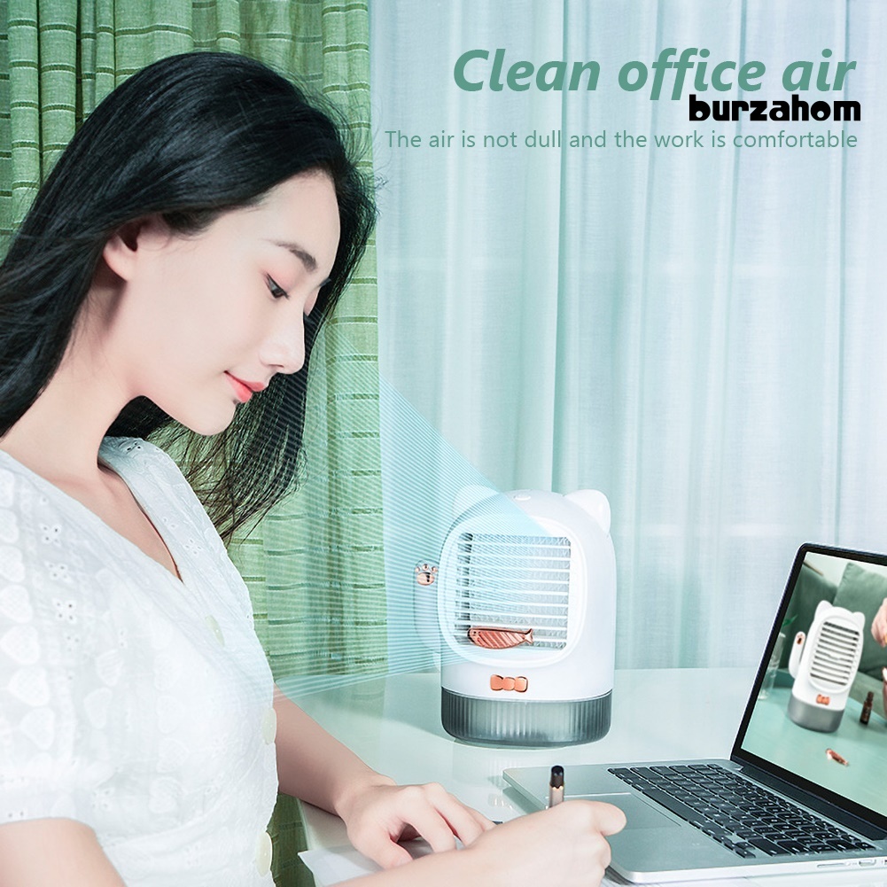 Quạt Điều Hòa Làm Ẩm Không Khí Có Đèn LED UV Hình Mèo May Mắn Sạc Cổng USB