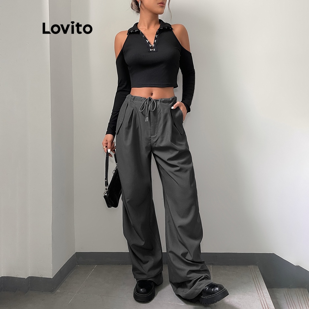 Quần Lovito xếp nếp cột dây phối túi màu trơn thường ngày cho nữ L49AD100 (Màu xám)