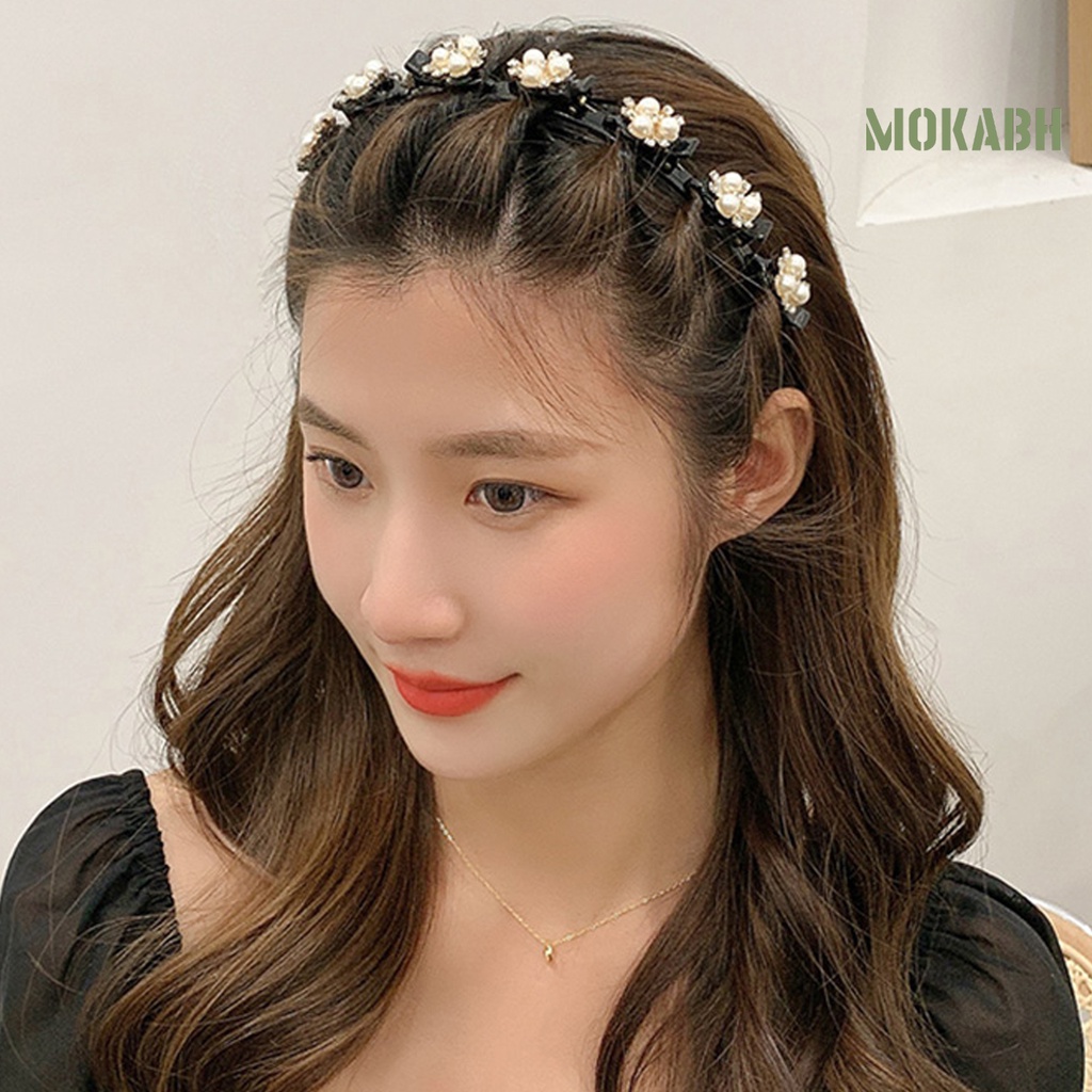 Băng Đô Hai Lớp Co Giãn Chống Trượt Đính Đá Và Ngọc Trai Giả Lấp Lánh Dành Cho Nữ