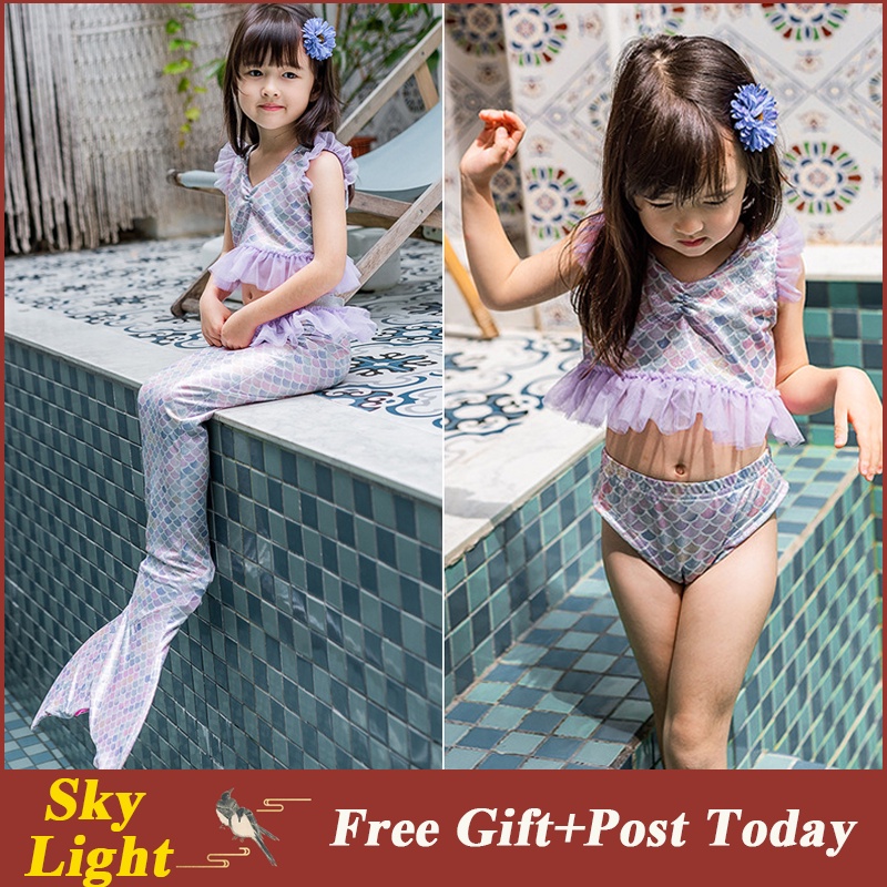 Bộ Đồ Bơi Bikini Nàng Tiên Cá + Đuôi Váy Thời Trang Mùa Hè Cho Bé Gái 3-10 Tuổi