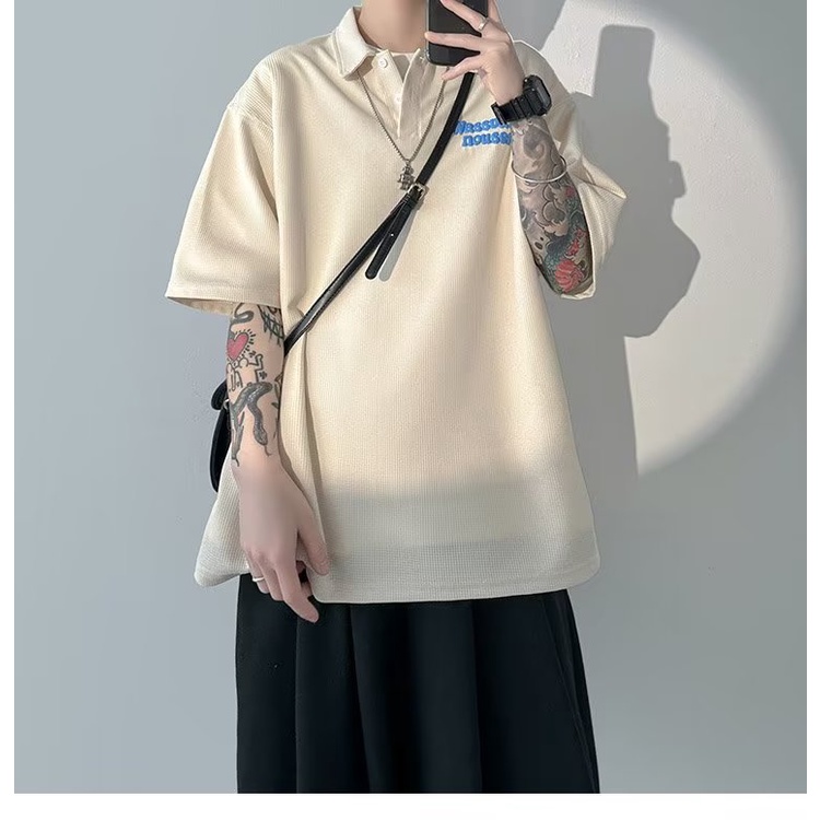 Áo Thun Polo Ngắn Tay Dáng Rộng Thêu Họa Tiết Đơn Giản Phong Cách Đường Phố Mỹ Thời Trang Mùa Hè Cho Nam