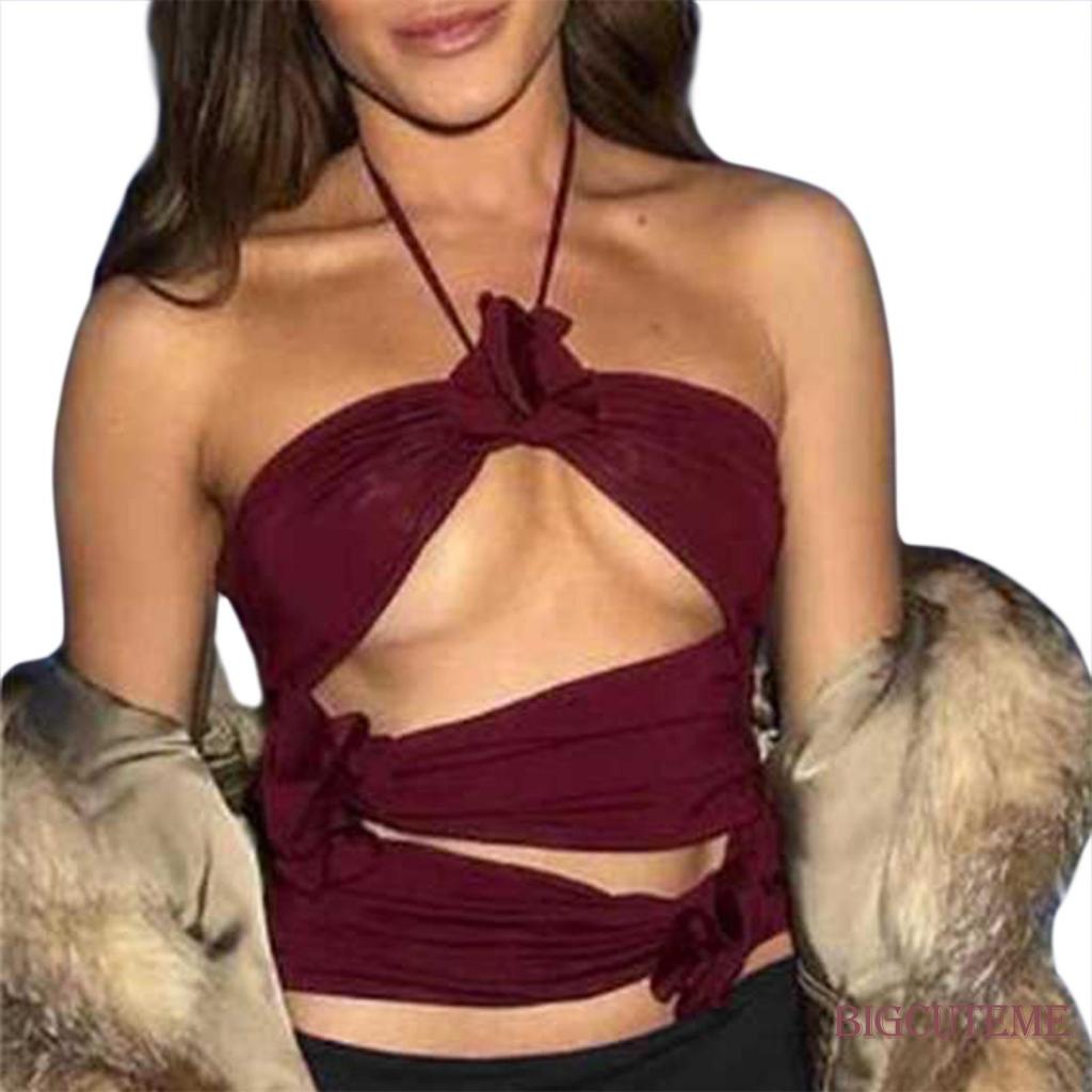 [] - Áo Crop Top Hai Dây Không Tay Khoét Lỗ Trước Họa Tiết Hoa 3D Cho Nữ