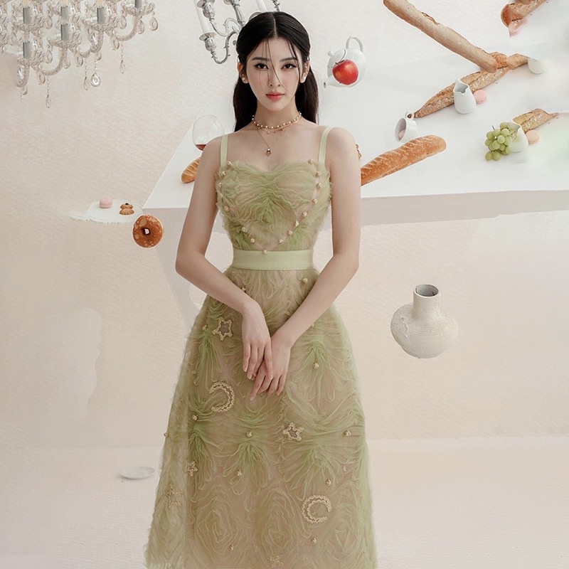 【S-XL】 Niche Đầm Dạ Hội Một Mảnh Màu Xanh Lá Cây Thời Trang Mùa Hè 2023 Phong Cách Mới 1314