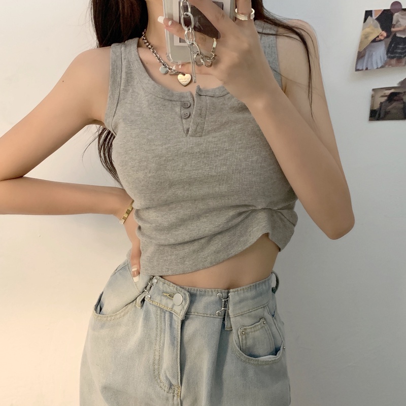 Áo Croptop Dệt Kim Không Tay Màu Trơn Phong Cách Hàn Quốc Gợi Cảm Cho Nữ