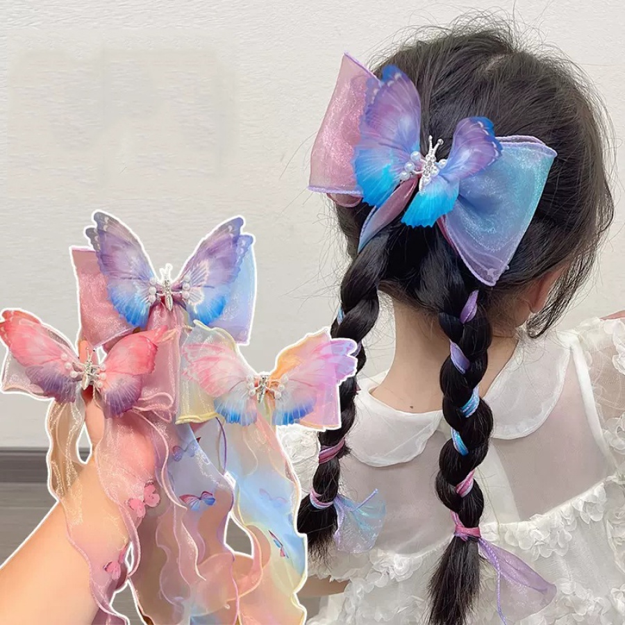 Kẹp Tóc Hình Bướm Phối Dây Ruy Băng Lưới Kiểu Hàn Quốc Dễ Thương Cho Bé Gái