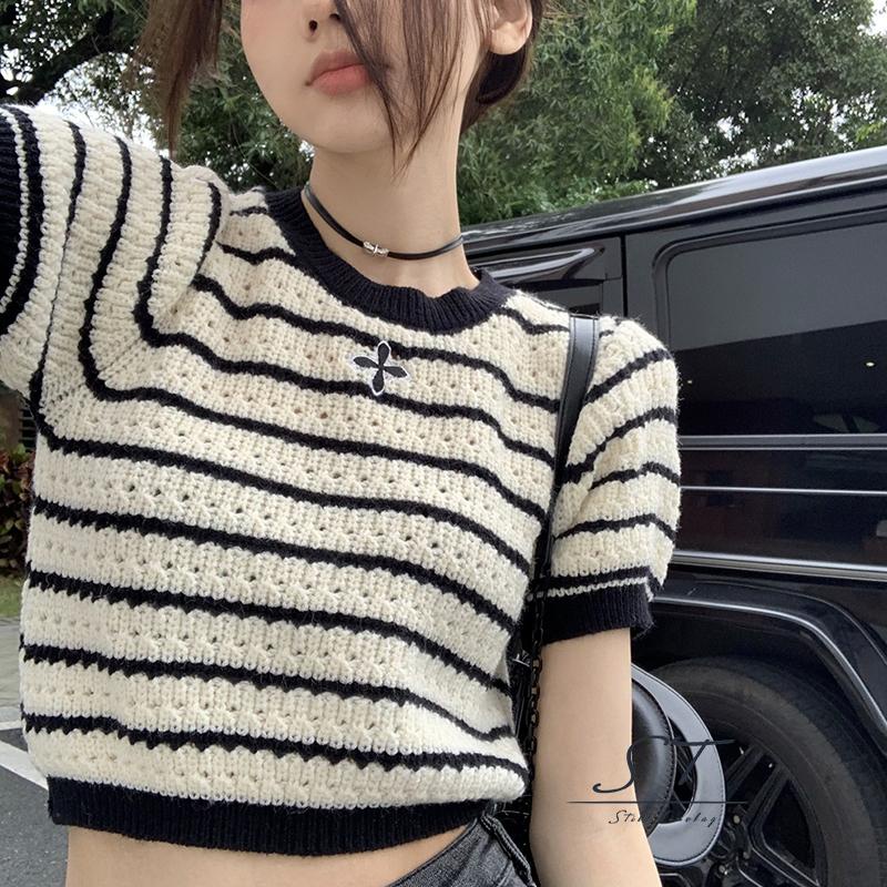 Áo Thun Dệt Kim Tay Ngắn Cổ Tròn Thêu Họa Tiết Kẻ Sọc Thời Trang Mùa Hè Cho Nữ