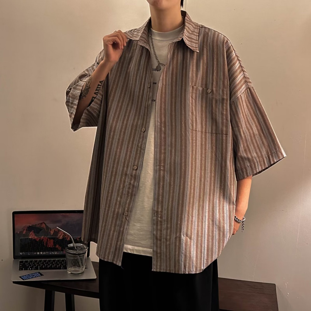 Áo Sơ Mi Tay Lửng Kẻ Sọc Phối Màu Thời Trang Mùa Hè Trẻ Trung Cho Nam