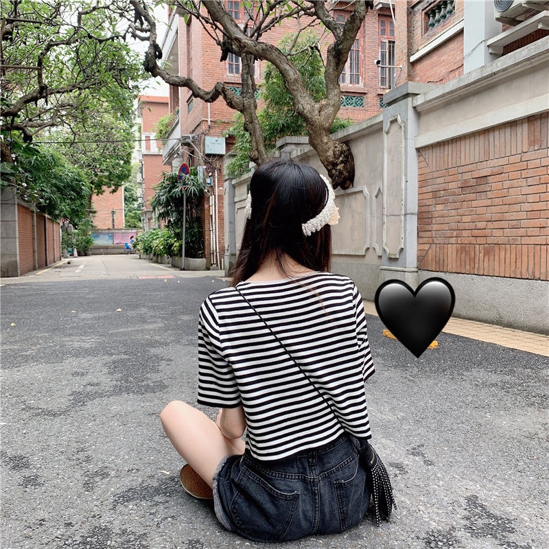 IELGY    Áo Thun Ngắn Tay Họa Tiết Sọc Ngang Thời Trang Dành Cho Nữ