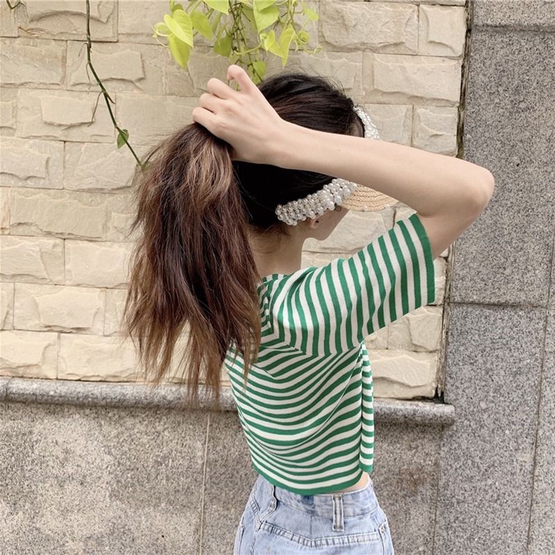 IELGY    Áo Thun Ngắn Tay Họa Tiết Sọc Ngang Thời Trang Dành Cho Nữ