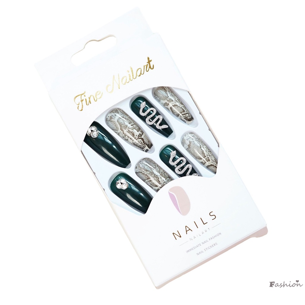 Móng Tay Giả Dài Màu Xanh Lá In Họa Tiết Da Rắn Chống Nhòe