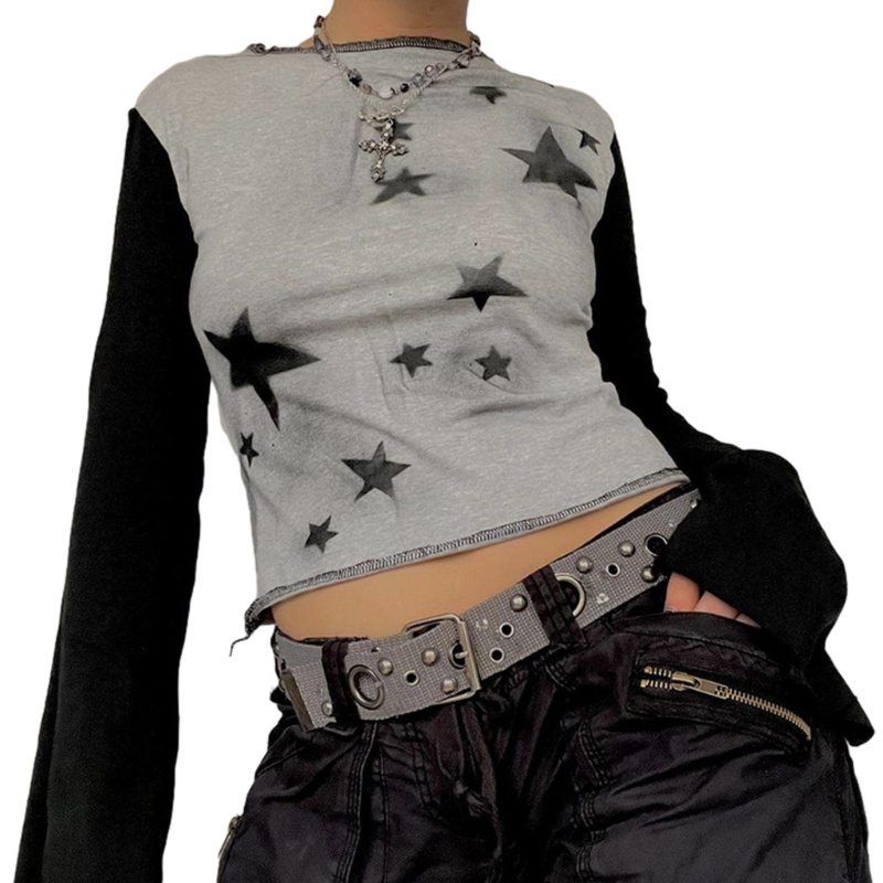 Áo Croptop Tay Dài Cổ Tròn In Họa Tiết Ngôi Sao Màu Đen / Nâu Thời Trang Mùa Hè Xinh Xắn Cho Nữ Y2k