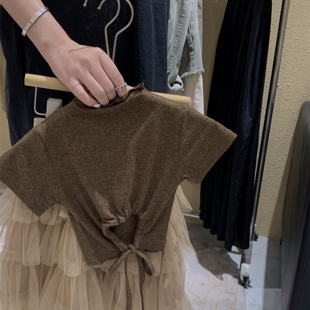 Bộ Áo Thun Hở Lưng Phối Chân Váy Lưới Tầng Phong Cách Hàn Quốc Thời Trang Mùa Hè 2023 Cho Bé Gái