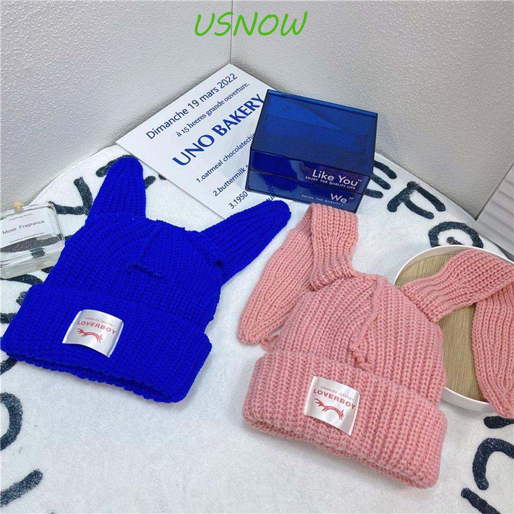 Mũ Len Dệt Kim Dày Dặn Đính Tai Thỏ Vui Nhộn Thời Trang Đường Phố