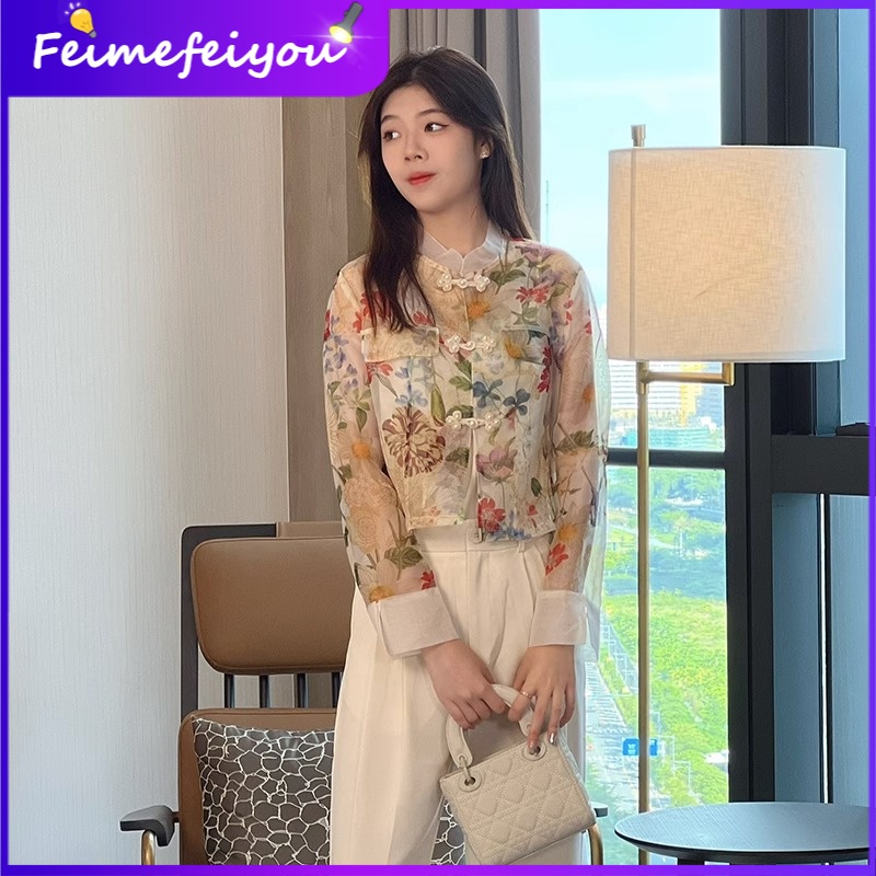 Áo Sơ Mi Vải Lụa Chống Nắng In Họa Tiết Hoa Phong Cách Trung Quốc Thanh Lịch Thời Trang Cho Nữ 2023