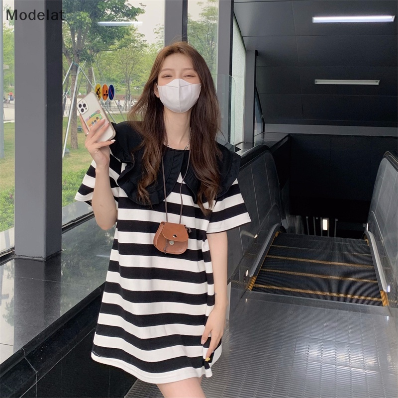 Mfc Đầm Tay Ngắn Dáng Rộng Họa Tiết Kẻ Sọc Chắp Vá Màu Ấm Trẻ Trung Cho Nữ Sinh